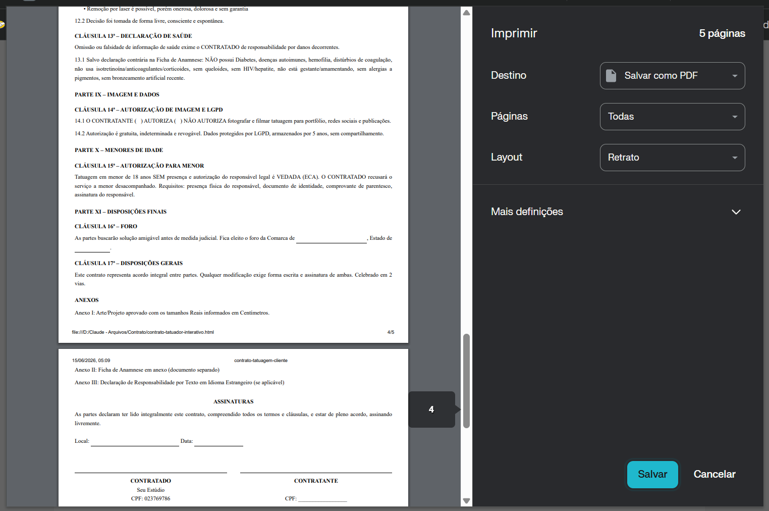 Tela 3: Assinatura do Contrato