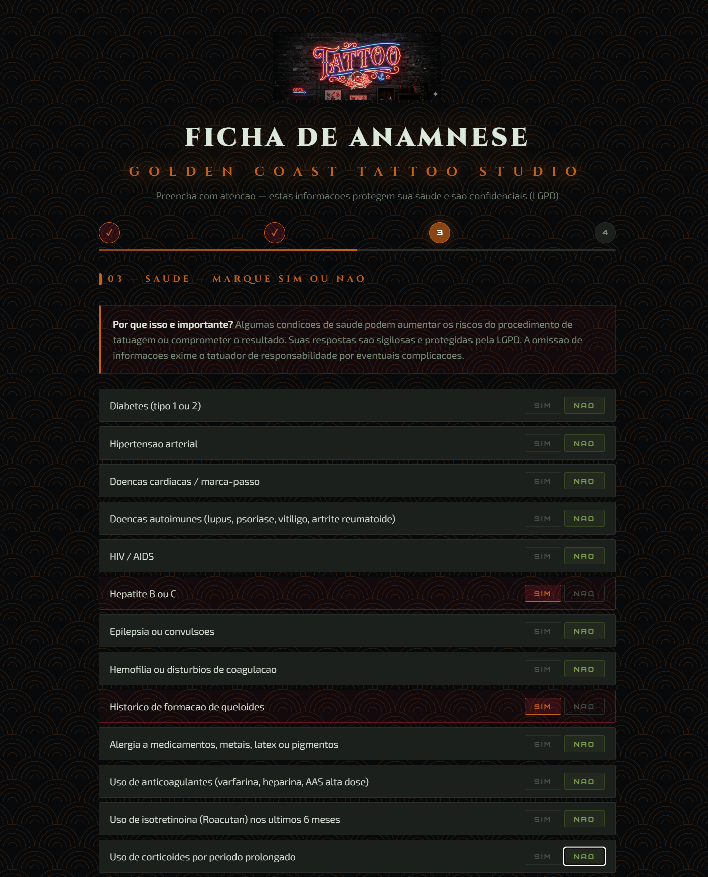 Tela 2: Seção de Saúde - Ciências da Tatuagem